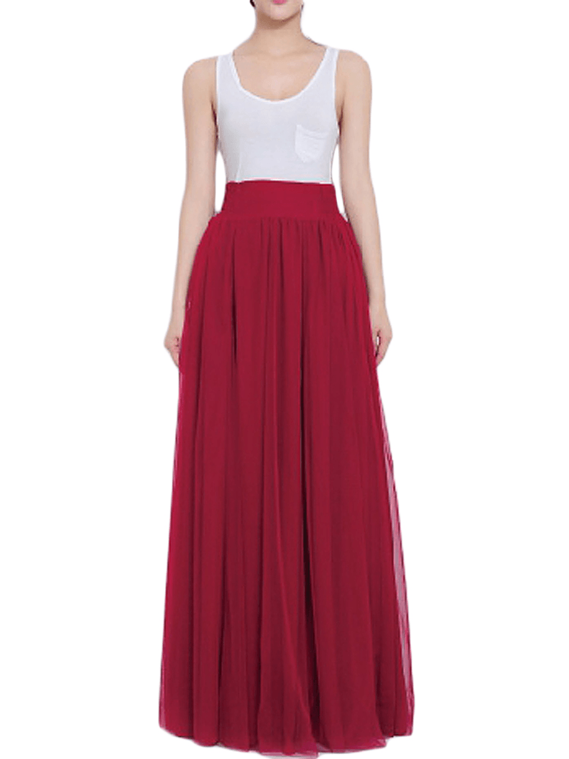 Solid Color Mesh Tulle Pleated Maxi Skirt