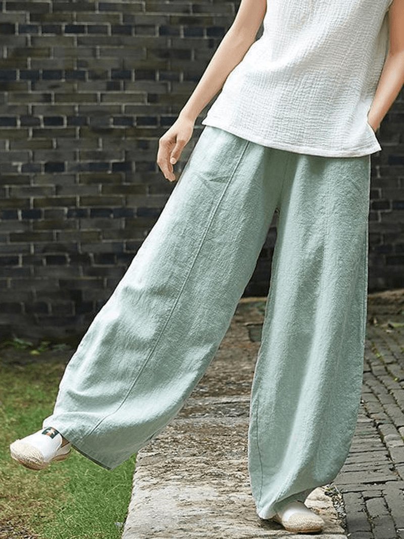 Cotton Linen Solid Color Elastic Waist Loose Casual Pants with Pocket