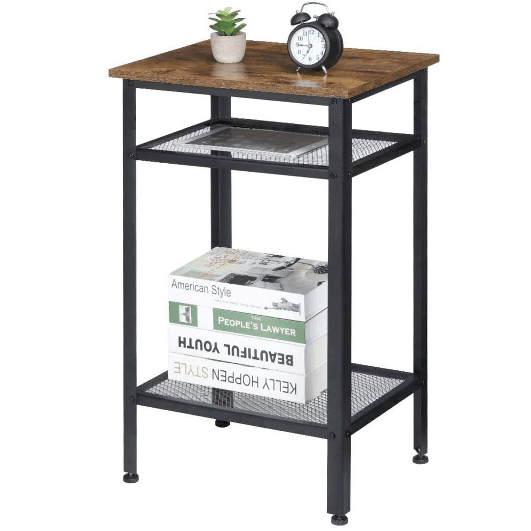 Nightstand End Table Sturdy Matte-Black Steel Frame Anti-Scratch and Rust-Free Tall Wood Accent End Tables for Bedroom Living Room