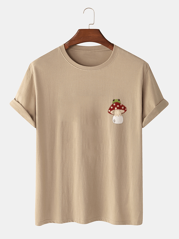 Mens 100% Cotton Mushroom Chest Print Short Sleeve T-Shirts