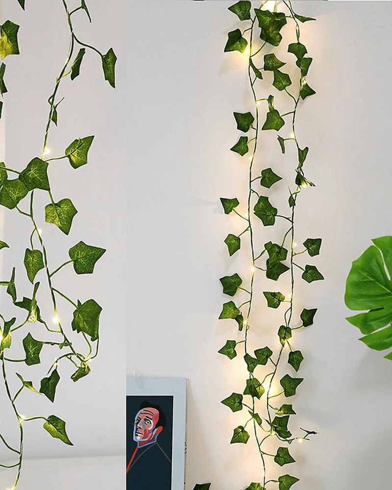 1X 2M Artificial Plants Led String Light Creeper Green Leaf Ivy Vine for Home Wedding Decor Lamp DIY Hanging Garden Yard Lighting (Come without Battery)