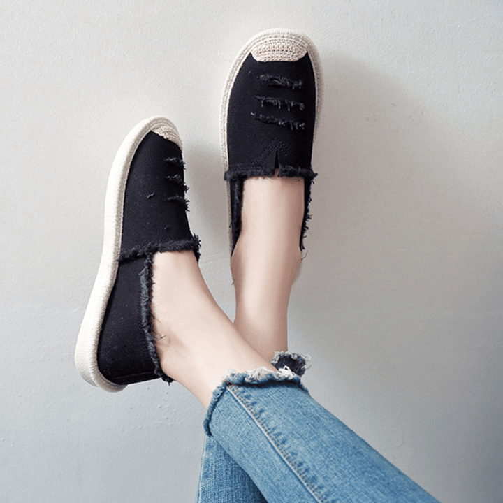 Women Straw Ripped Breathable Slip on Fisherman Flats Shoes