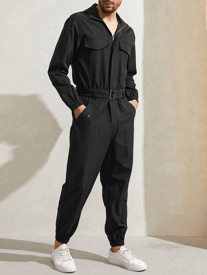 Mens Zipper up Lapel Collar Leisure Jumpsuit