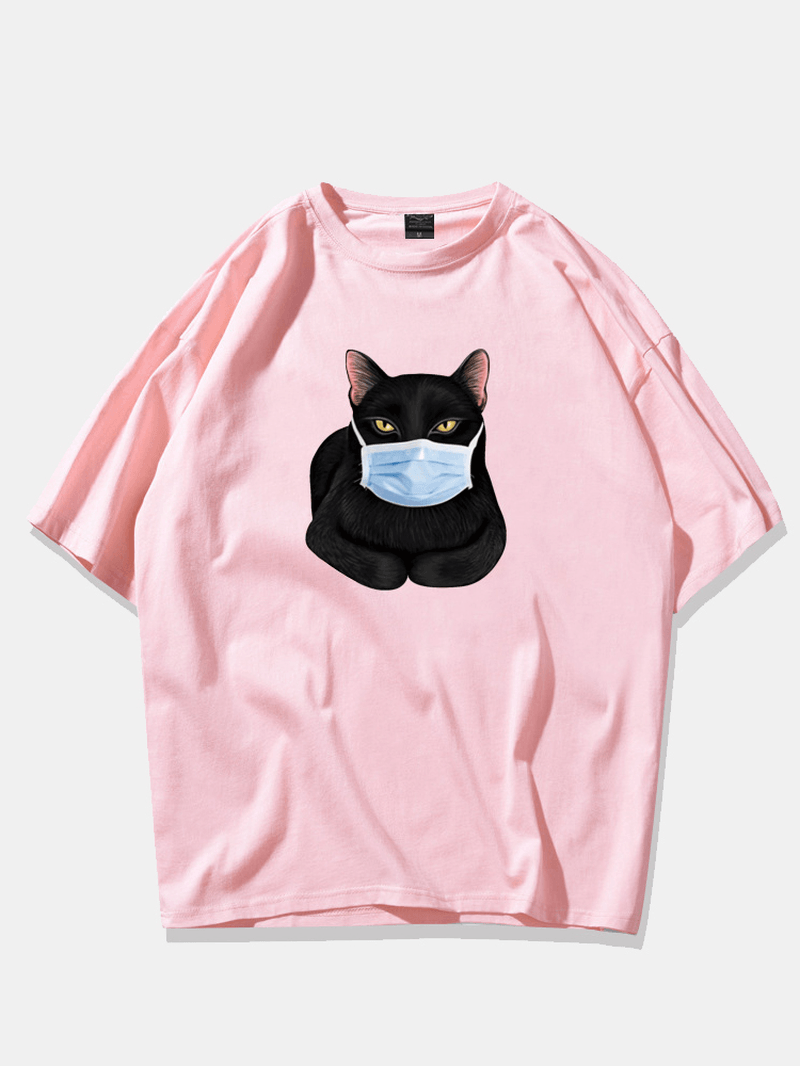 Fashion Cartoon Cat Mask Printing Short Sleeve O-Neck T-Shirts