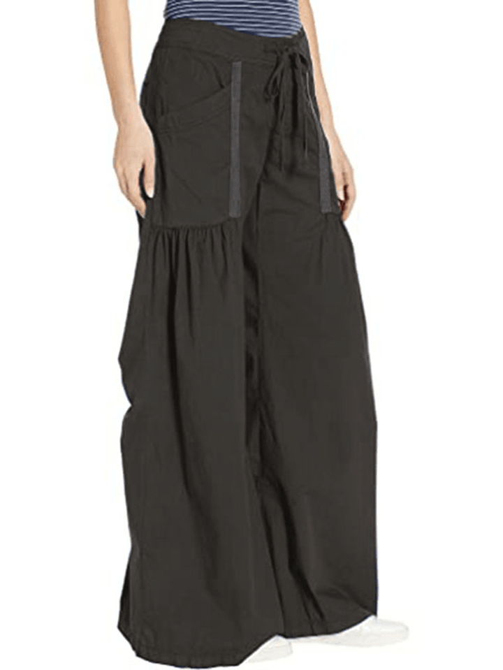 Women Solid Color Elastic Waist Loose Wide Leg Pants with Pocket