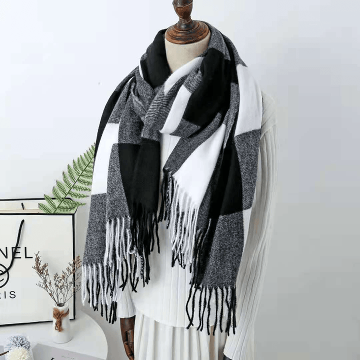 Cashmere Check Scarf Mid-Length Thick Warmth Tassel Shawl