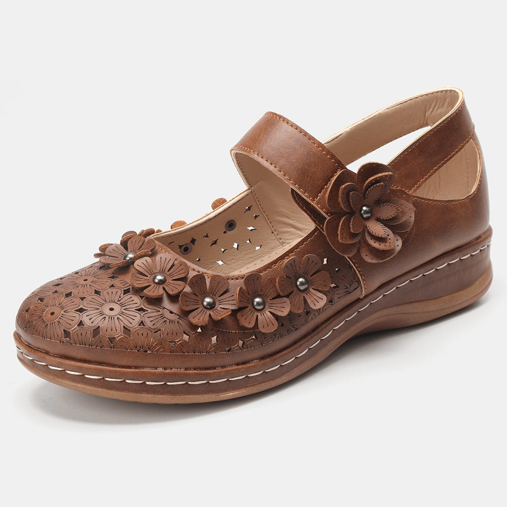 LOSTISY Women Comfy Flowers Hollow Hook Loop Flats - MRSLM