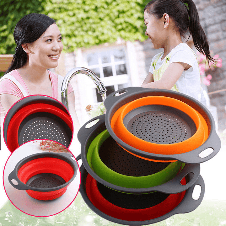 2Pcs Set Collapsible Foldable Silicone Drain Colander Fruit Vegetable Strainer Basket