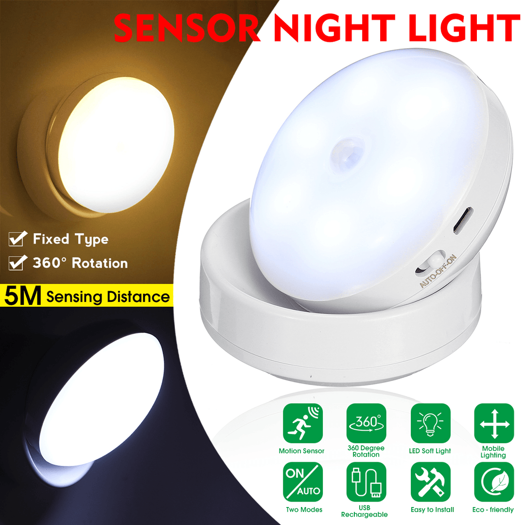 360 Degree Rotation LED Motion Sensor Night Light USB Rechargeable Lamp with Magnetic Base for Stairs Bedroom Bathroom Kitchen Hallway White/Warm Light