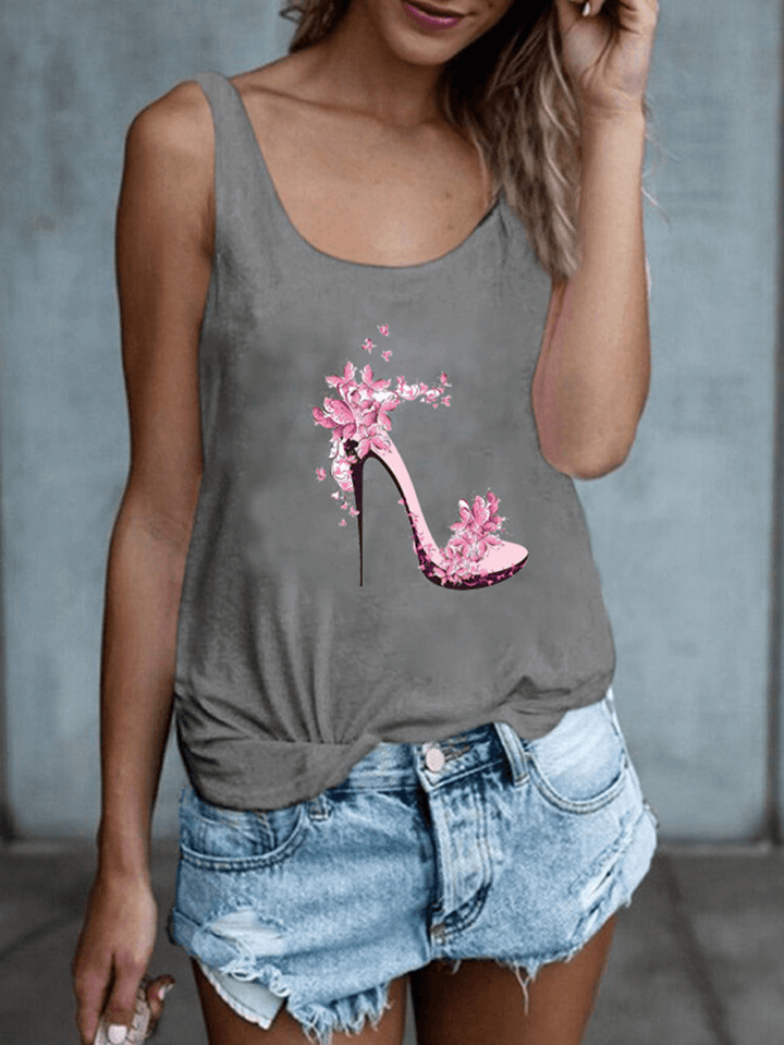 High Heels Flower Print Sleeveless Loose Casual Tank Tops for Women