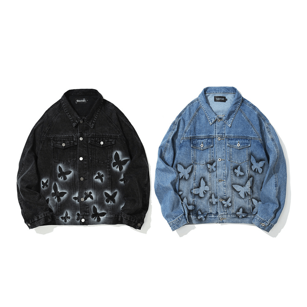 Butterfly Print Denim Jacket Men'S Ins European and American Trendy Brand Jacket