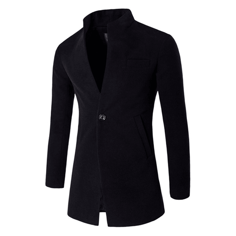 Mens Business One Button Stand Collar Fashion Casual Slim Fit Wool Jacket