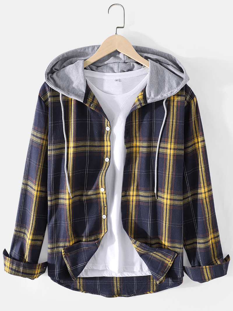 Mens Tartan Button up Long Sleeve Relaxed Fit Drawstring Hooded Jacket