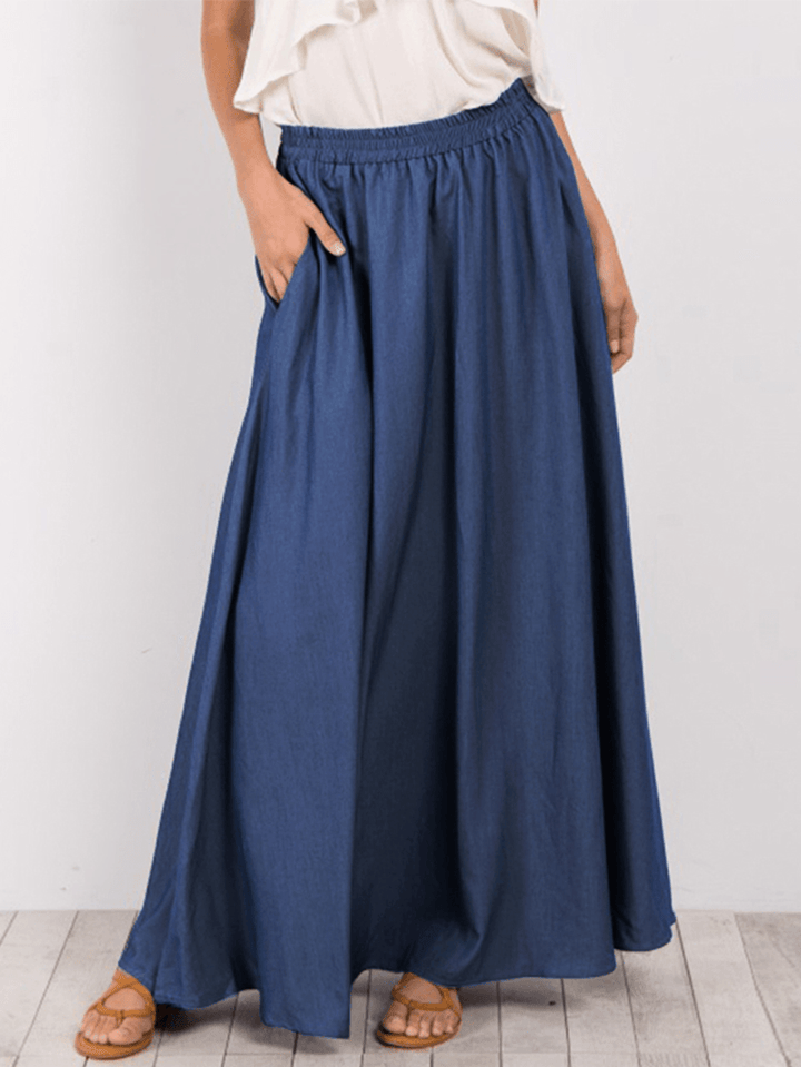 Women Pure Color Elastic Waist Simple Swing Skirts with Pocket - MRSLM