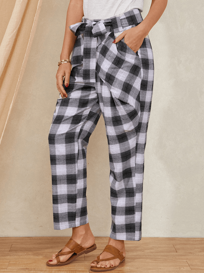 Plaid Print Knotted Pocket High Waist Loose Casual Pants for Women