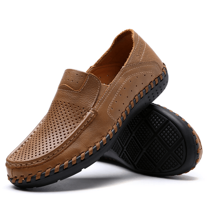 Men Leather Breathable Hollow Out Hand Stitching Soft Sole Non Slip Comfy Casual Shoes