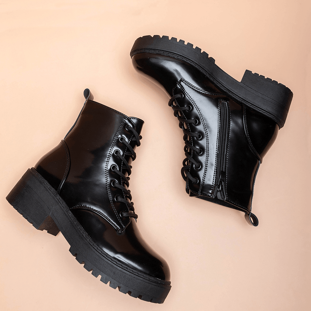 Women Wearable Serpentine Lace up Chunky Heel Combat Boots