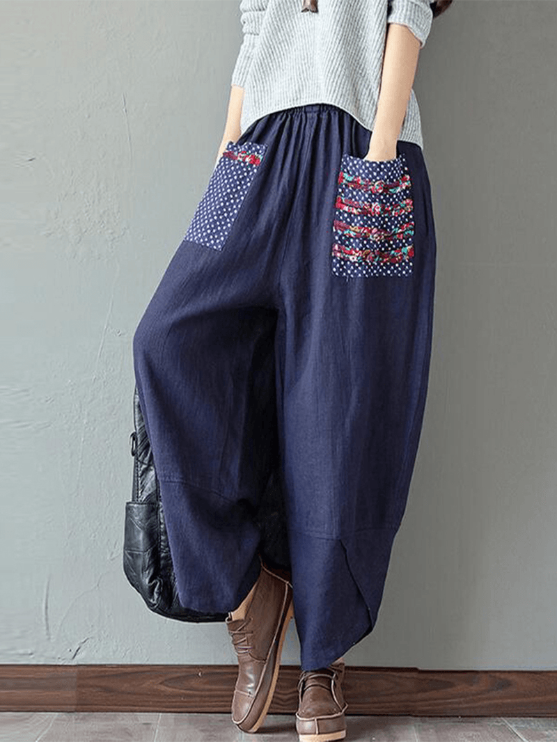 100% Cotton Loose Plicing Ninth Ethnic Style Vintage Pants