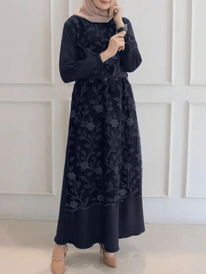 Women Flowers Embroidery Stitching Lace up Casual Elastic Cuffs Maxi Dresses