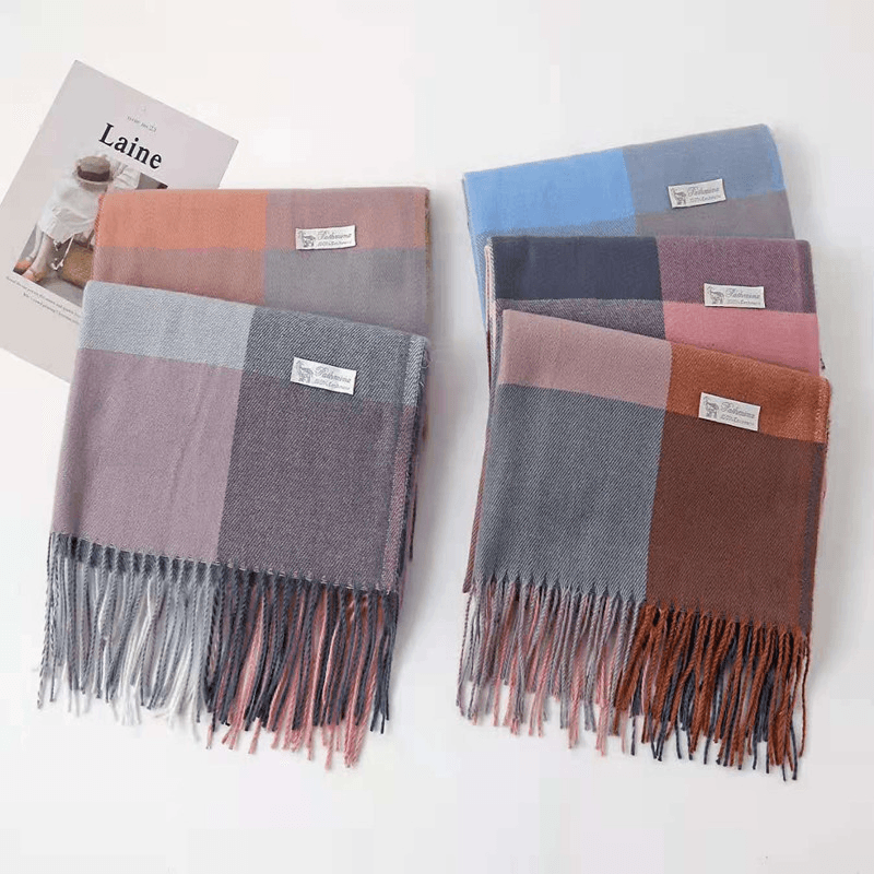 Cashmere Check Scarf Mid-Length Thick Warmth Tassel Shawl