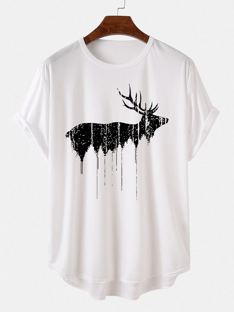 Christmas Mens Design Elk Print Curved Hem Short Sleeve T-Shirts