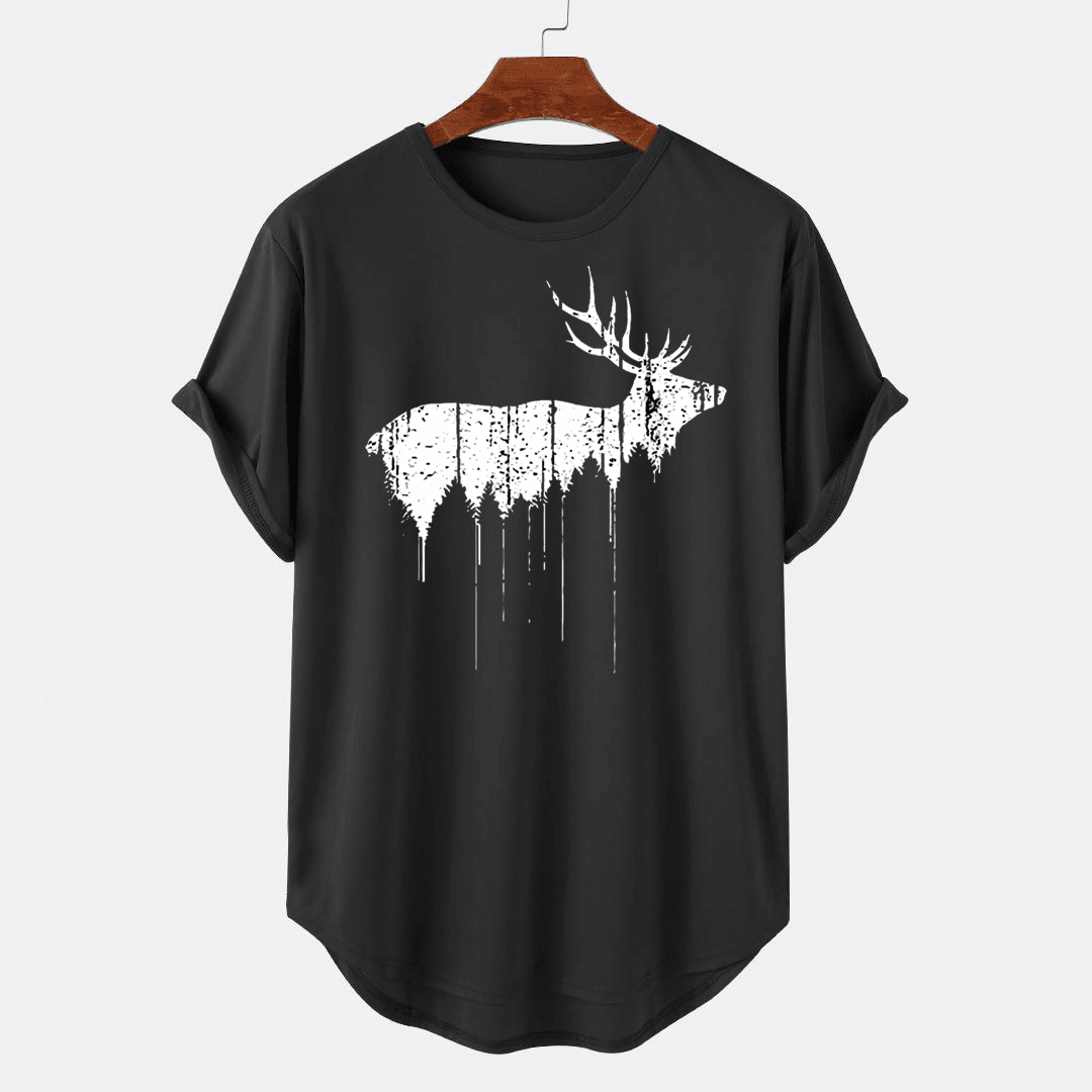 Christmas Mens Design Elk Print Curved Hem Short Sleeve T-Shirts