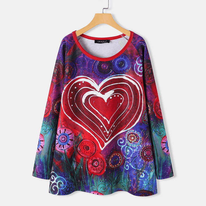 Women Graffiti Heart Floral Print round Neck Casual Long Sleeve T-Shirt - MRSLM