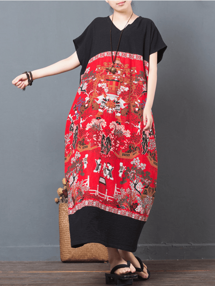 Folk Style Print Patchwork Maxi Dresses