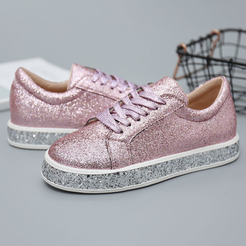 Women Glitter Sequined Fashion Lace up Party Casual Platform Shoes Flats