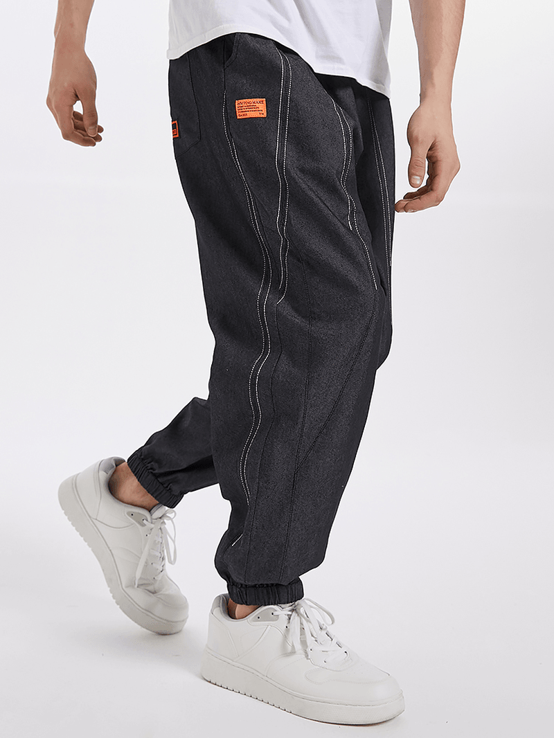 Mens Seam Detail Applique Elastic Ankle Loose Drawstring Pants