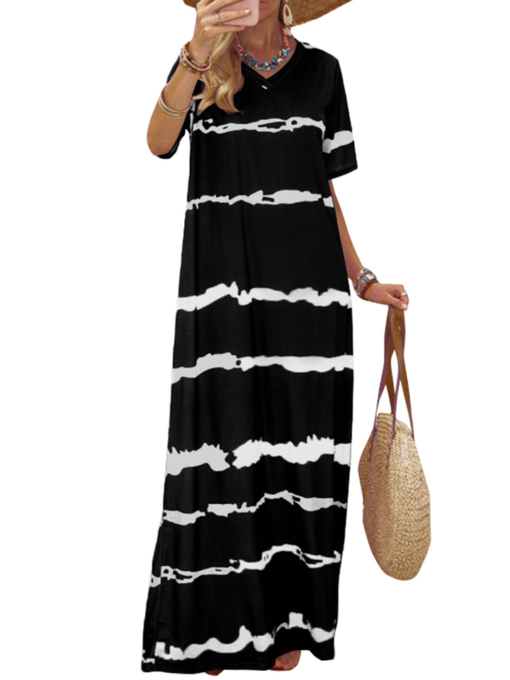 Bohemian Stripe Printed Clash Color Splicing Design V-Neck Dress