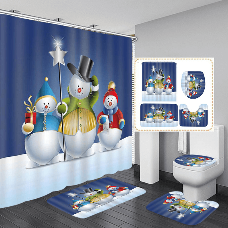 Bathroom Christmas Snowman Shower Curtain & 3PCS Mat Set Toilet Cover 180*180CM