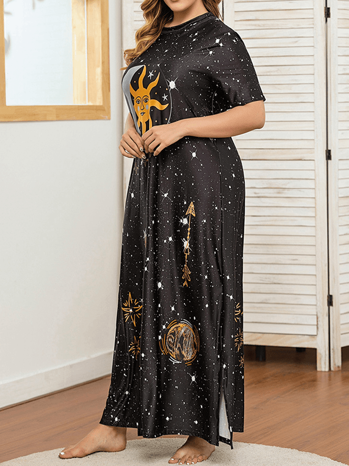 Plus Size Galaxy Print Short Sleeve round Neck Slit Long Dress