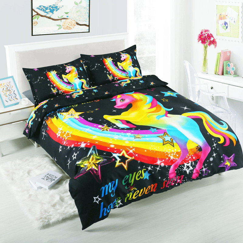 3 PCS Bedding Sets 3D Animal Unicorn Printing Quilt Cover Pillowcase for Queen Size