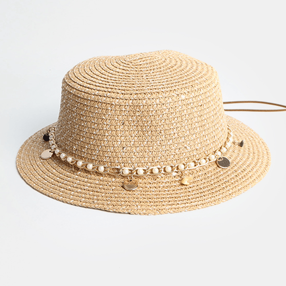 Women Sunscreen Summer Outdoor Casual Pearl Decoration Sun Hat Straw Hat