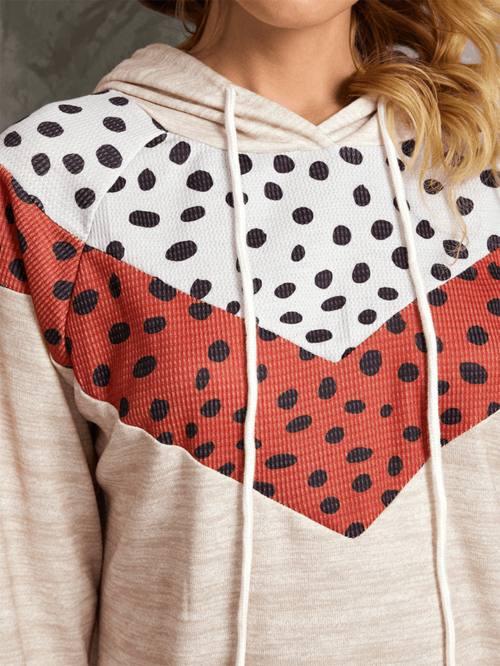 Polkadot Print Patchwork Casual Drawstring Long Sleeve round Neck Hoodies