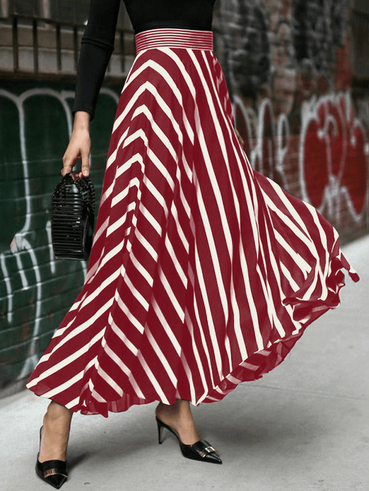 Stripe Print Elastic Waist Back Zipper Leisure Maxi Skirts