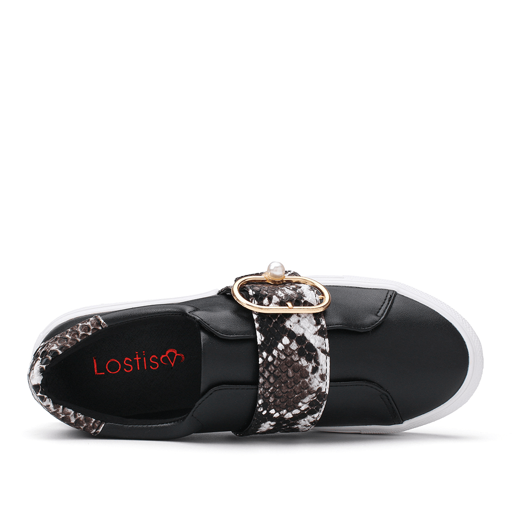 LOSTISY Women Metal Buckle Snake Print Comfy Casual Flats