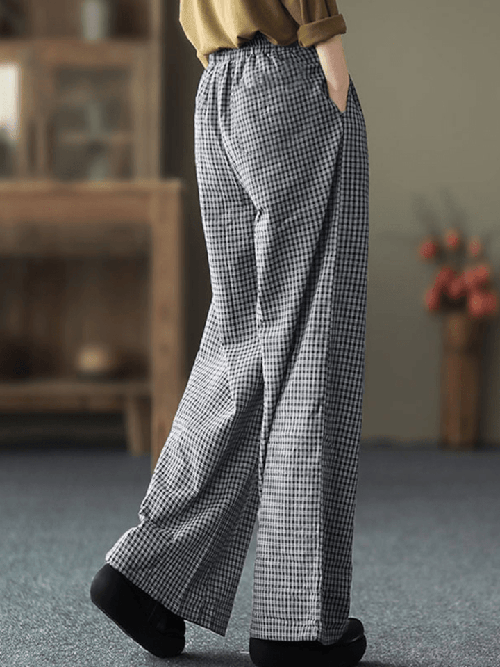 Women Plaid Wide-Legged Elastic Waist Side Pocket Ankle Length Loose Pants