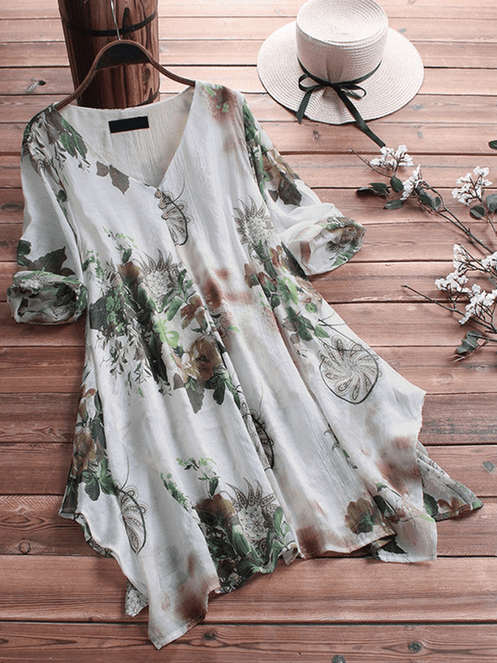 Women's Floral Printed Asymmetric Hem Blouse - Loose Fit, Retro Style