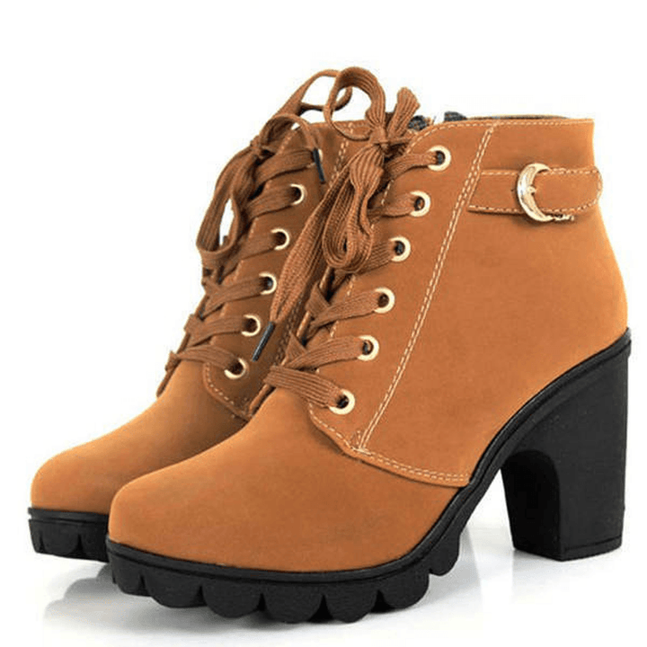 Round Toe Thick High Heel Lace-Up Side Zipper Women Boots