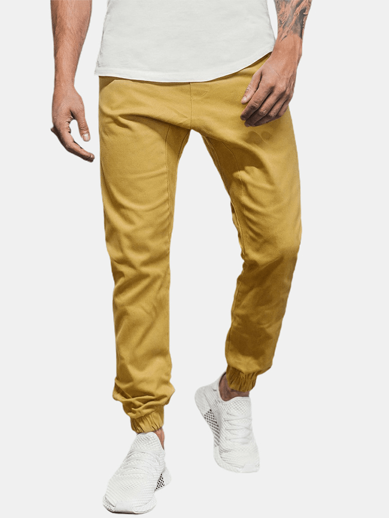 Mens Solid Color Casual Drawstring Pants with Pocket