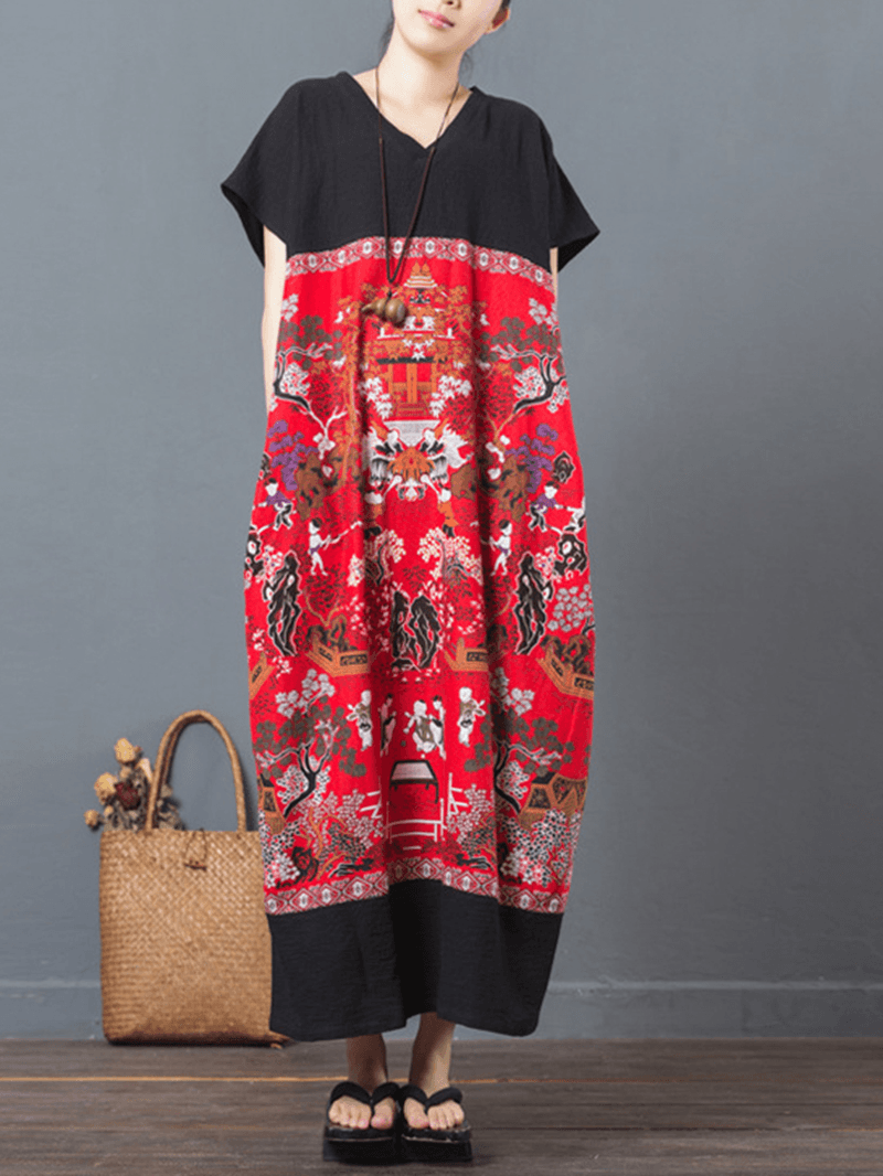 Folk Style Print Patchwork Maxi Dresses