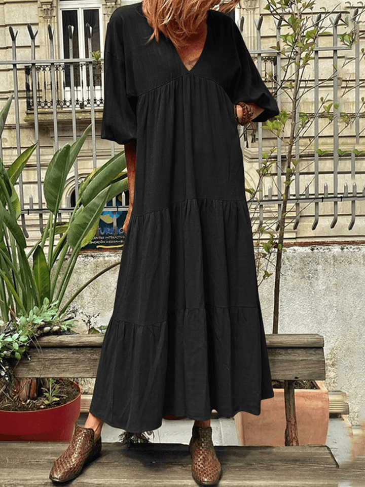 Women V-Neck Cotton Long Sleeve Puff Sleeve Maxi Dresses with Side Pockets