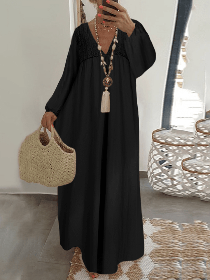 Lace Stitching V-Neck Long Sleeve Elastic Cuffs Loose Casual Maxi Dress - MRSLM