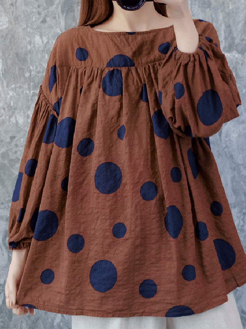 Women Vintage Polka Dot Print Puff Sleeve Loose Pleated Blouse