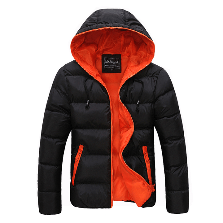 Mens Winter Thermal Contrast Color Outdoor Warm Hooded Padded Jacket