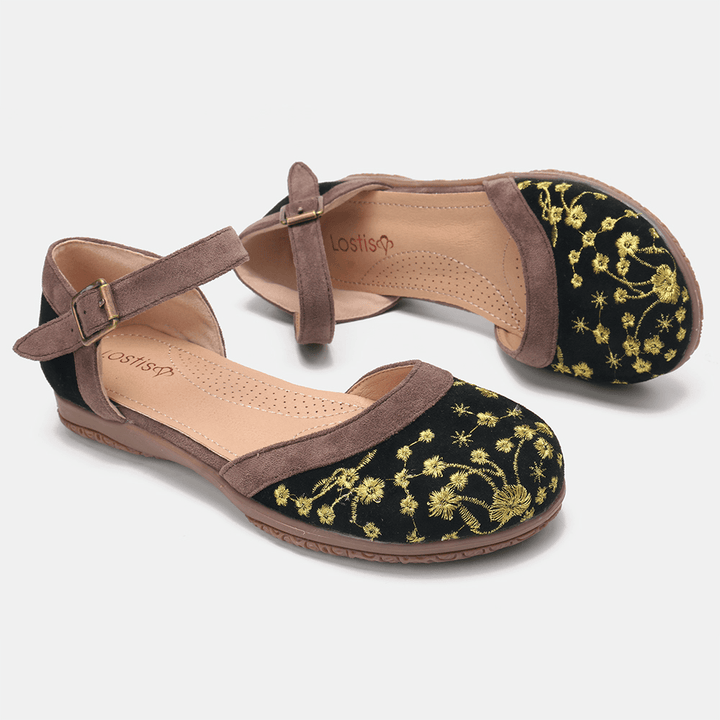 LOSTISY Women Flower Embroidery Soft Sole Slip Resistant Casual Flats