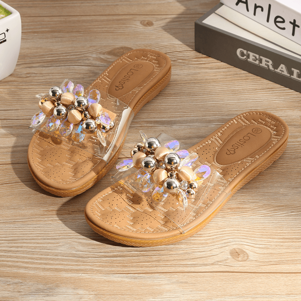 Lostisy Women Beach Beaded Decoration Flat Slippers