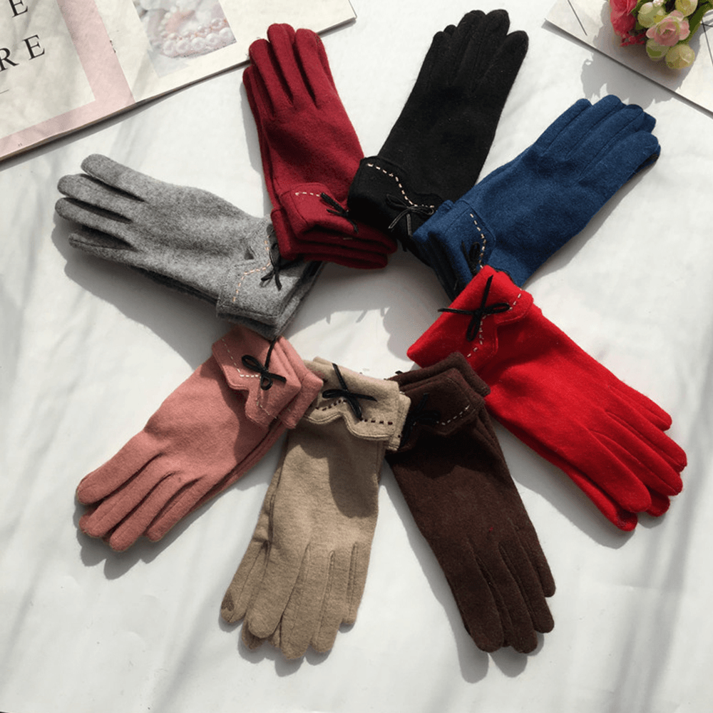 Women Wool Screen-Touchable Embroidery Dotted Line Bowknot Keep Warm Fashion Casual Gloves